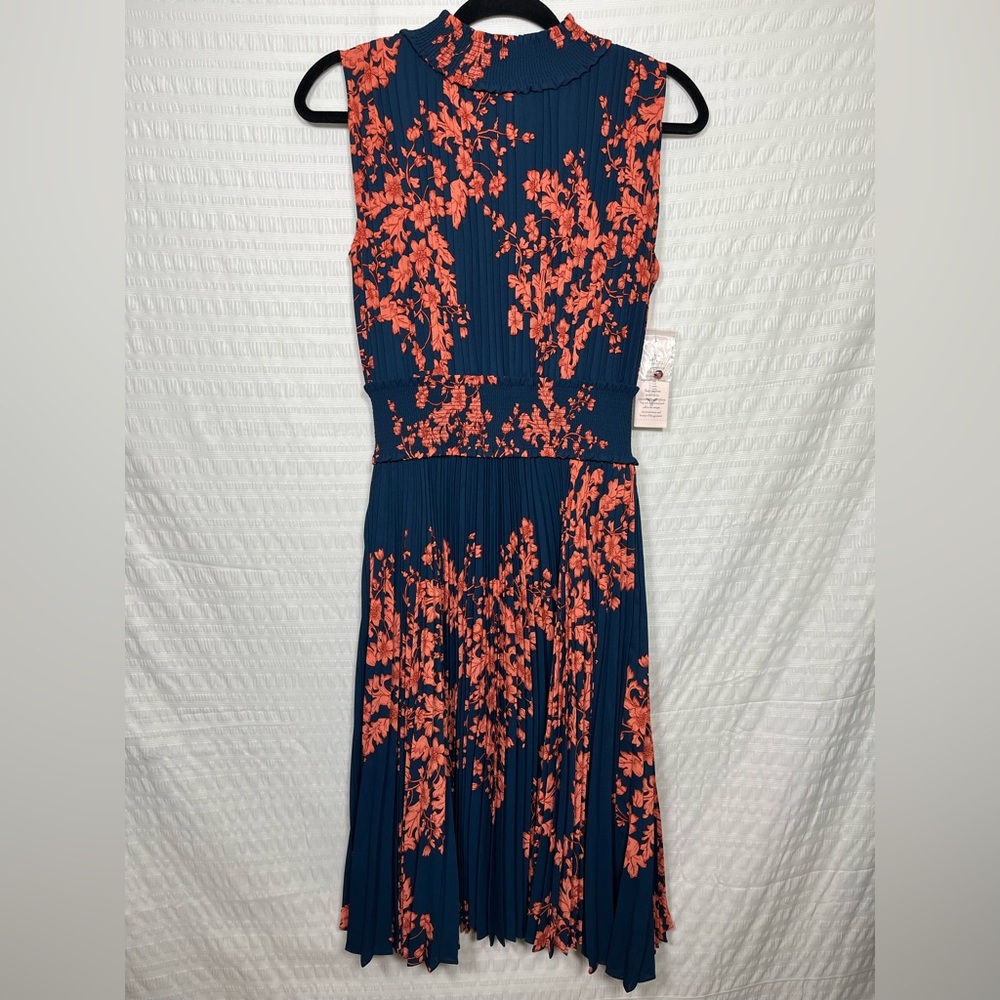 NWT Nanette Lapore Smocked High Neck Navy Blue and Coral Pleated Dress Size 8
